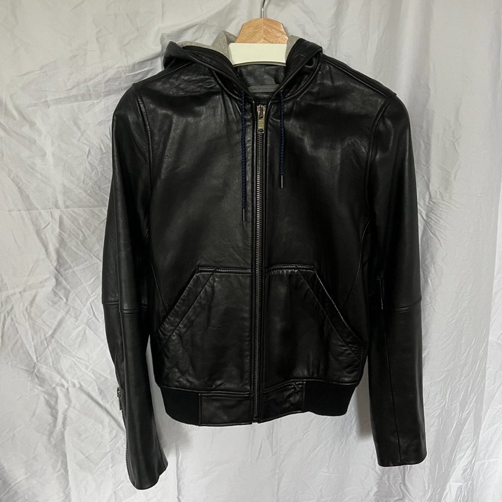 Marc By Marc Jacobs 90s Black Leather Hooded Bomber Jacket